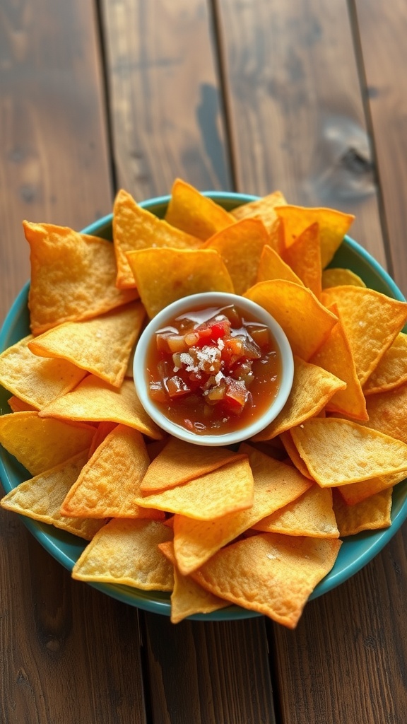 Crispy air fryer tortilla chips served with salsa on a rustic table.